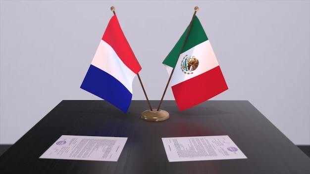 Mexico en Frankrijk nationale vlaggen op tafel in diplomatieke vergaderruimte Politieke overeenkomst