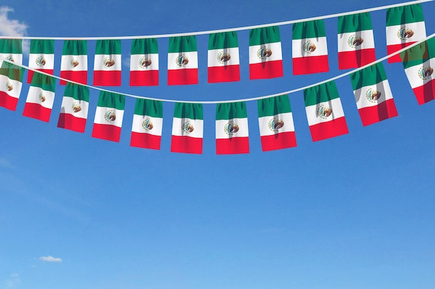 Mexico flag festive bunting hanging against a blue sky d render