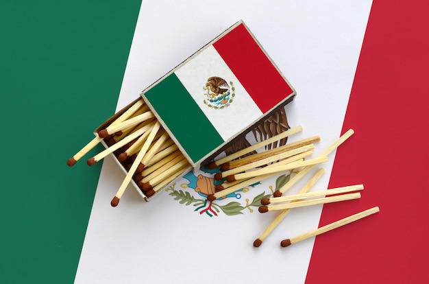 Mexico flag  is shown on an open matchbox, from which several matches fall and lies on a large flag