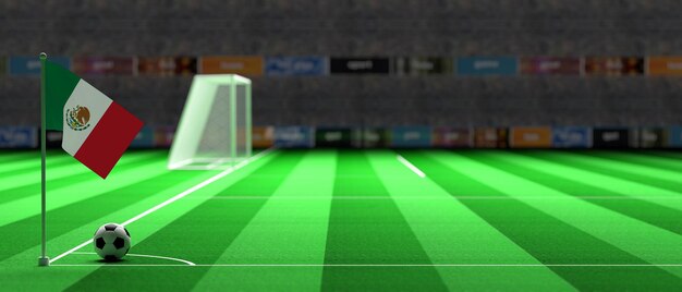 サッカー フィールドの 3 d イラストレーションにメキシコの旗