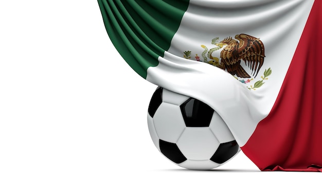 Mexico national flag draped over a soccer football ball 3D Rendering