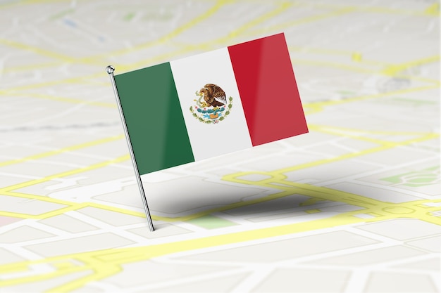 Mexico national flag location pin stuck into a city road map 3d\
rendering