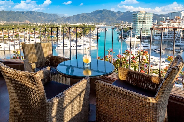 Mexico Puerto Vallarta El Faro lighthouse with panoramic view of marina from restaurant on top