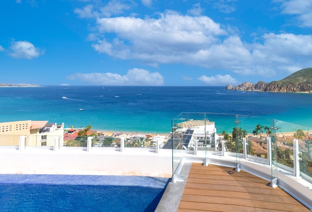 Mexico scenic panoramic aerial view of los cabos tourist\
destination arch of cabo san lucas