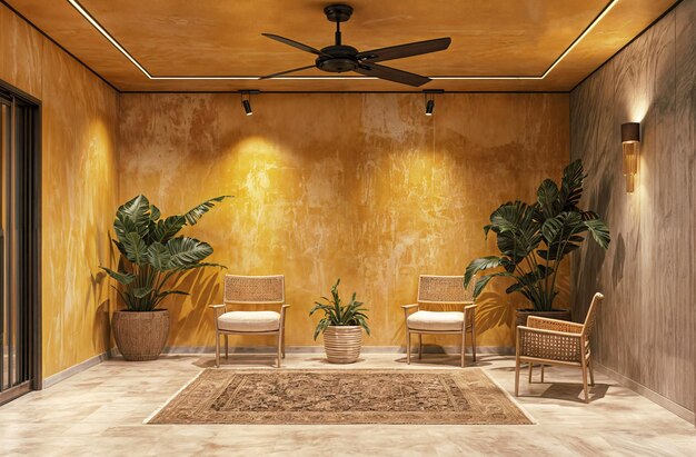 Mexico stijl lounge interieur met gele muren bruin tapijt en plafond ventilatoren 3D illustrator