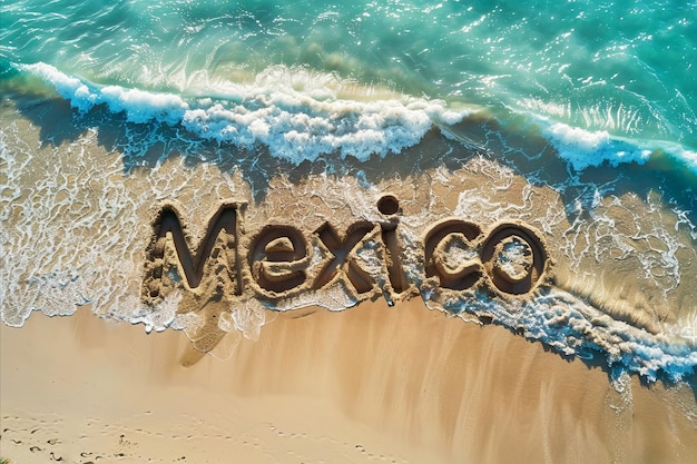 Mexico written in the sand on a beach mexican tourism and vacation background