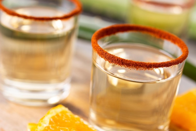 Photo mezcal mexican drink with orange slices and worm salt