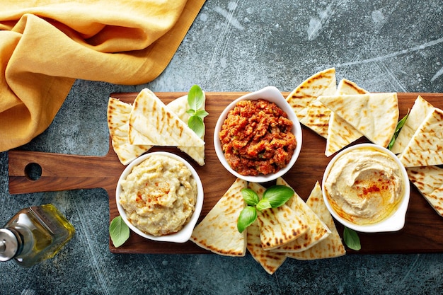 Mezze board with pita and dips