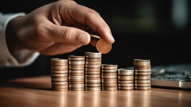 MHand put coins to stack of coins on dark background Created with Generative AI technology