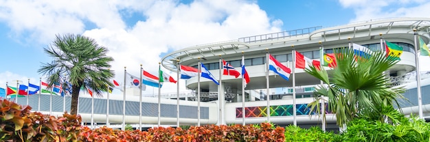 Miami airport building with flags of different countries