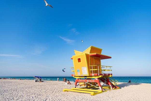 Miami Beach Florida USA April 19 2021 lifeguard tower in summer beach on vacation