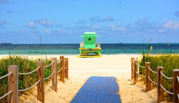 Miami Beach Lifeguard Stand in the Florida sunshine Sunny summer day with blue sky and Atlantic Ocean