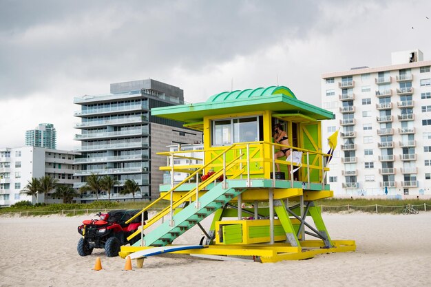 Miami beach lifeguard station with guard car