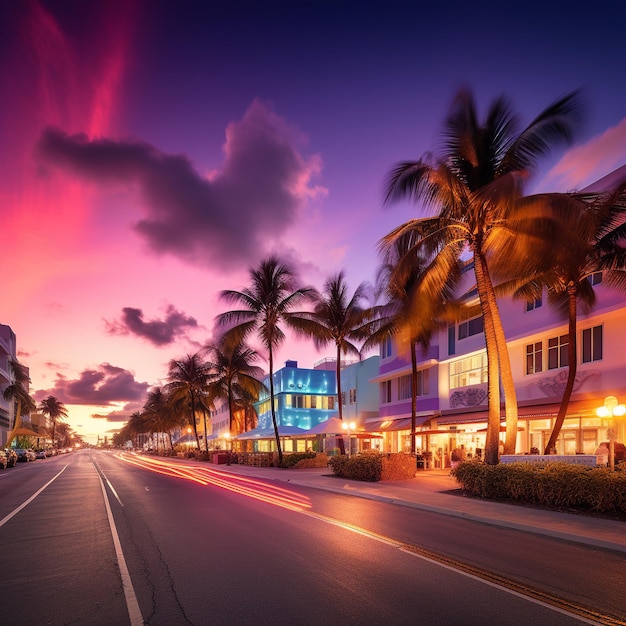 Miami beach ocean drive hotels and restaurants at sunset city skyline