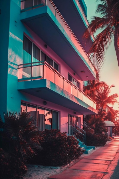 Цвета паровой волны квартиры в здании Майами Сгенерировано AI