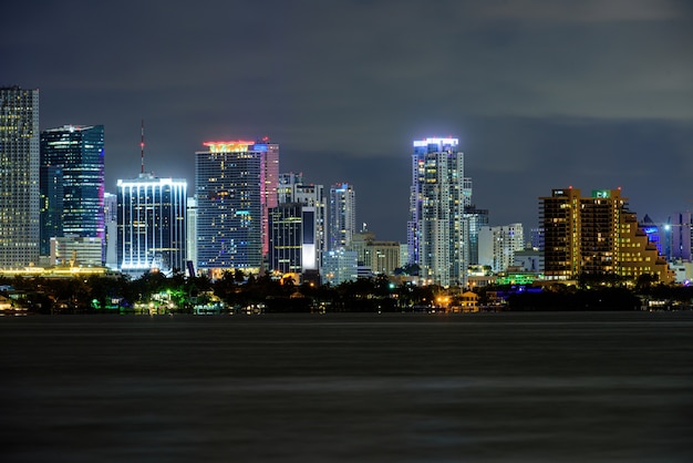 Miami business district, lights and reflections of the city lights. Miami.