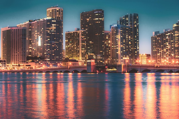 Miami City Skyline viewed from Biscayne Bay Miami city night