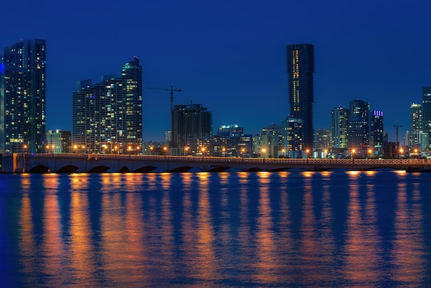 Miami city skyline viewed from biscayne bay miami night