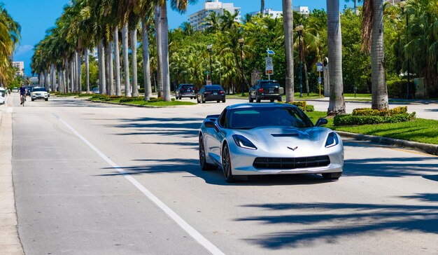 Майами, штат Флорида, США, 25 марта 2023 года, белый Chevrolet Corvette C7 Z06 Z07 Stage 2 Стиль, углеродное волокно, передний бампер, нижняя губа, разделитель, передний вид