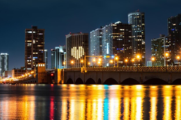 Miami night downtown. Miami Skyline Panorama after sunset.