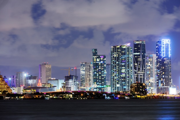 Miami night. Miami business district, lights and reflections of the city lights.