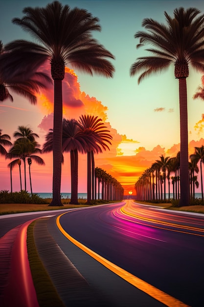 A miami road with palm trees at sunset