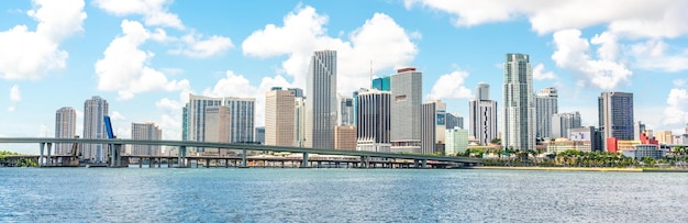 Miami skyline with skyscrapers blue sky and bridge