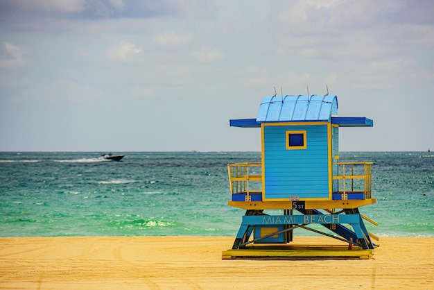 Miami south beach lifeguard tower and coastline with cloud and blue sky miami beach florida