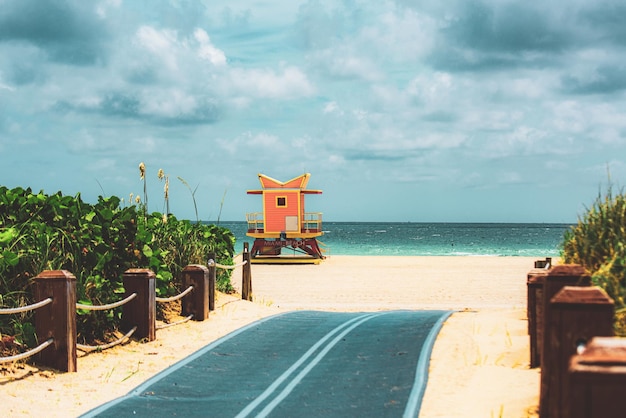 Miami south beach lifeguard tower and coastline with cloud and blue sky world famous travel location