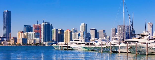 Miami south beach marina with skyline, USA