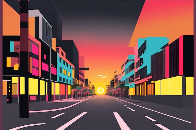 Miami street colorful hues highly detailed flat design City skyscrapers urban background