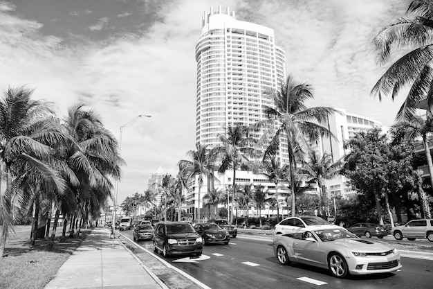 Miami usa 10 januari 2016 auto's rijden op de weg op stedelijk landschap straatweg met transport en groene palmen stadsverkeer en moderne gebouwen op bewolkte hemel transport voor reizen en reizen