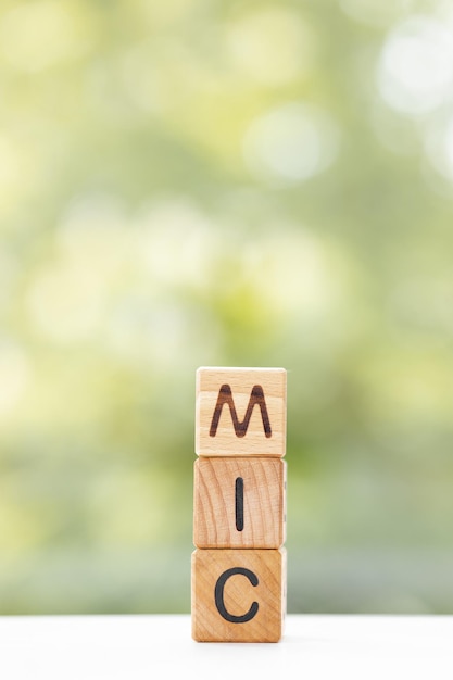 MIC-woord is geschreven op houten kubussen op een groene zomerachtergrond Close-up van houten elementen