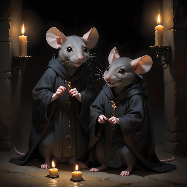 Mice in ceremonial robes engaged in mysterious ritual in the room illuminated by numerous candles