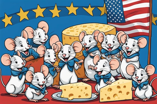 mice eating cheese in a party comic illustration