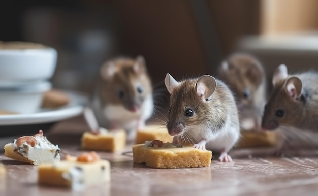 台所のテーブルの上のネズミがパン粉を食べるクローズアップ