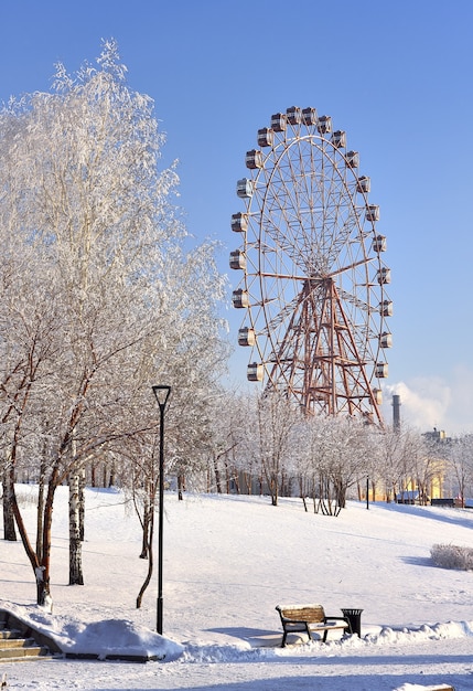 Michael's embankment in winter. Ferris wheel, trees along the track through the drifts of snow