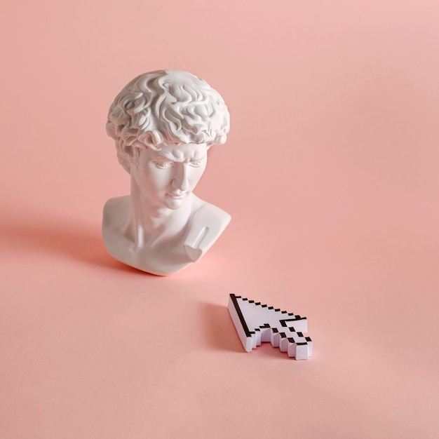 Michelangelo's david statue roman bust and mouse cursor display of computer and modern technology in minimal retrowave style