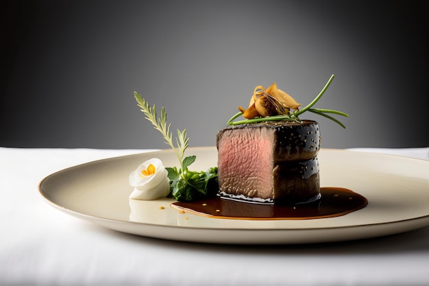 Michelin star gourmet fillet mignon steak white plate background