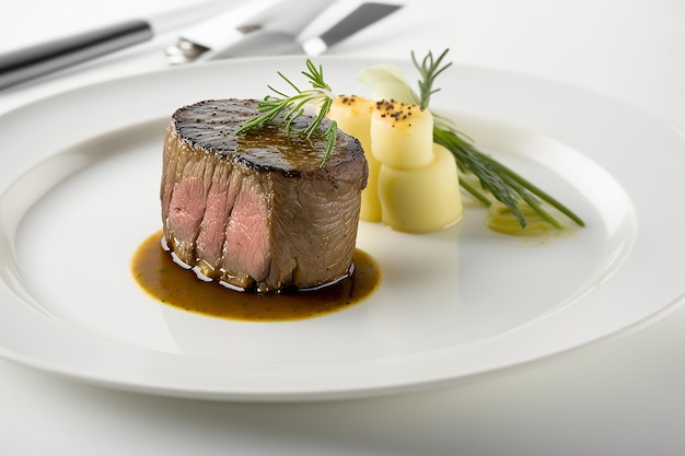 Michelin star gourmet fillet mignon steak white plate background