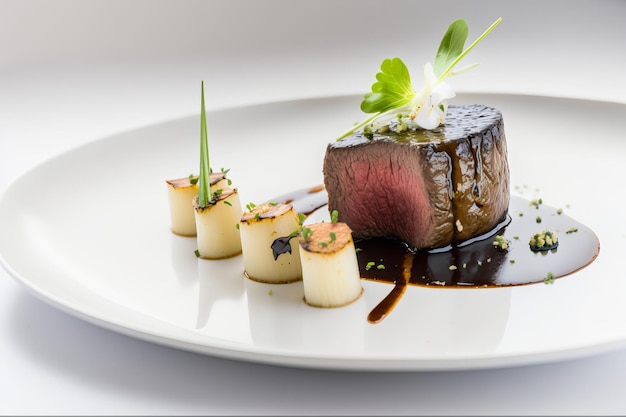 Michelin star gourmet fillet mignon steak white plate background