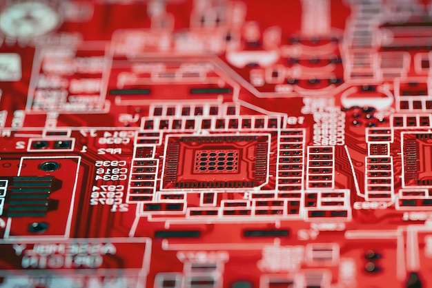 Michrochip comptuer processor and motherboard computer circuits and details close view photo Hitech innovation background