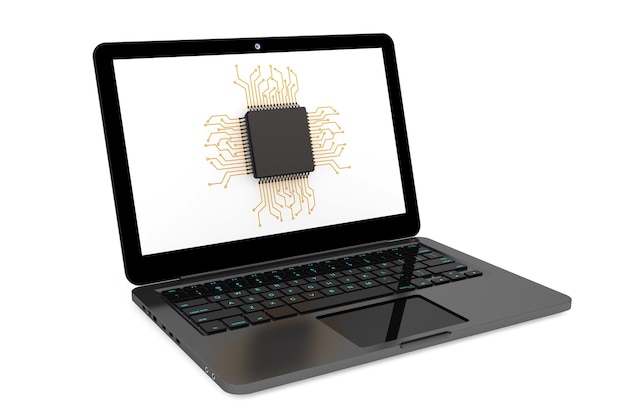 Foto micro chip e laptop moderno su sfondo bianco