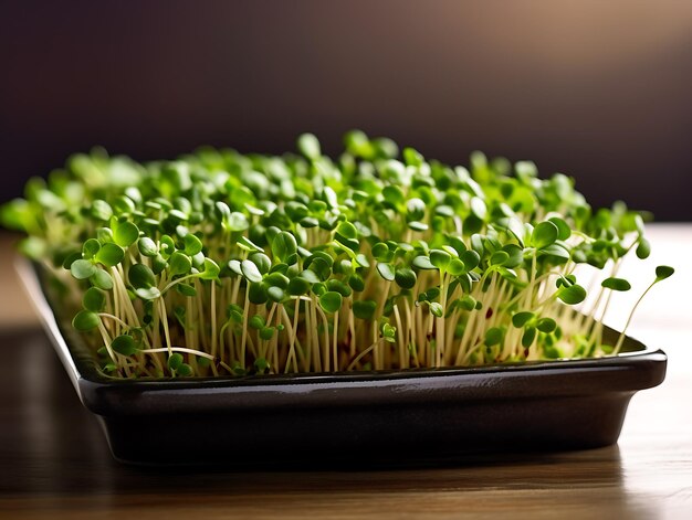 Foto micro groen in dienblad op tafel close-up