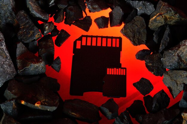 The micro sd card lies on hot coals Closeup