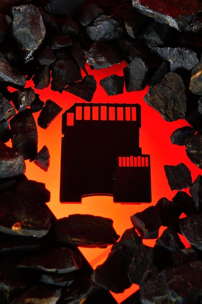 The micro sd card lies on hot coals Closeup