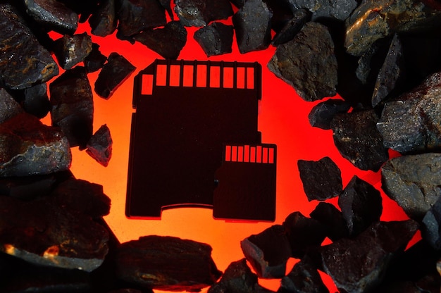 The micro sd card lies on hot coals Closeup