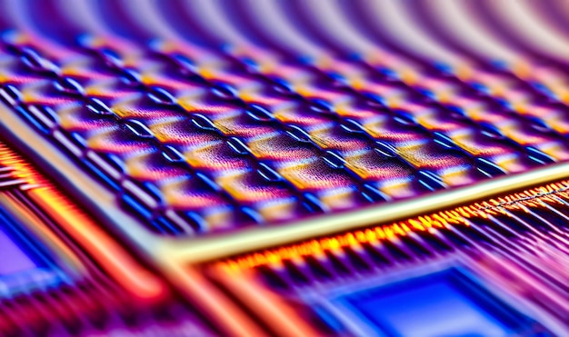 A micro shot of the internal structure of a solar cell highlighting the layers of silicon and metal that generate electricity