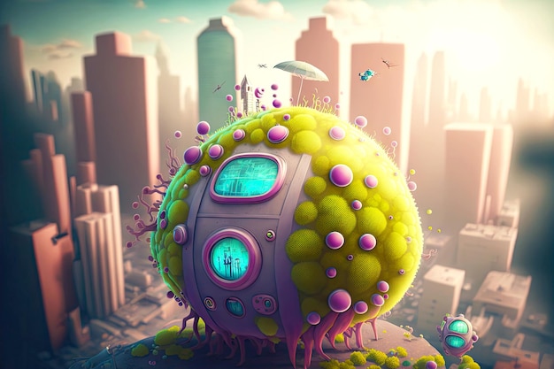 Microbes and bacteria in future city cute bacteria are flying in city generative ai