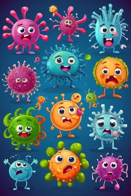 Microbes and viruses germ characters with funny faces mascots of bacteria and disease viruses